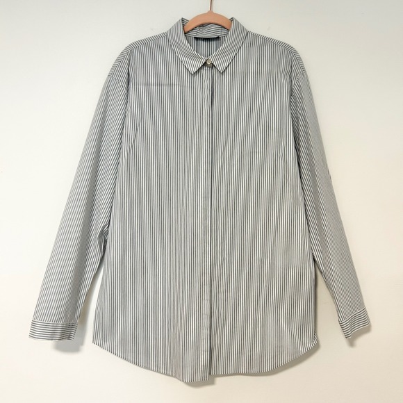 Lafayette 148 New York Tops - Lafayette 148 New York Blue White Striped Hidden Button Down Shirt Womens M flaw